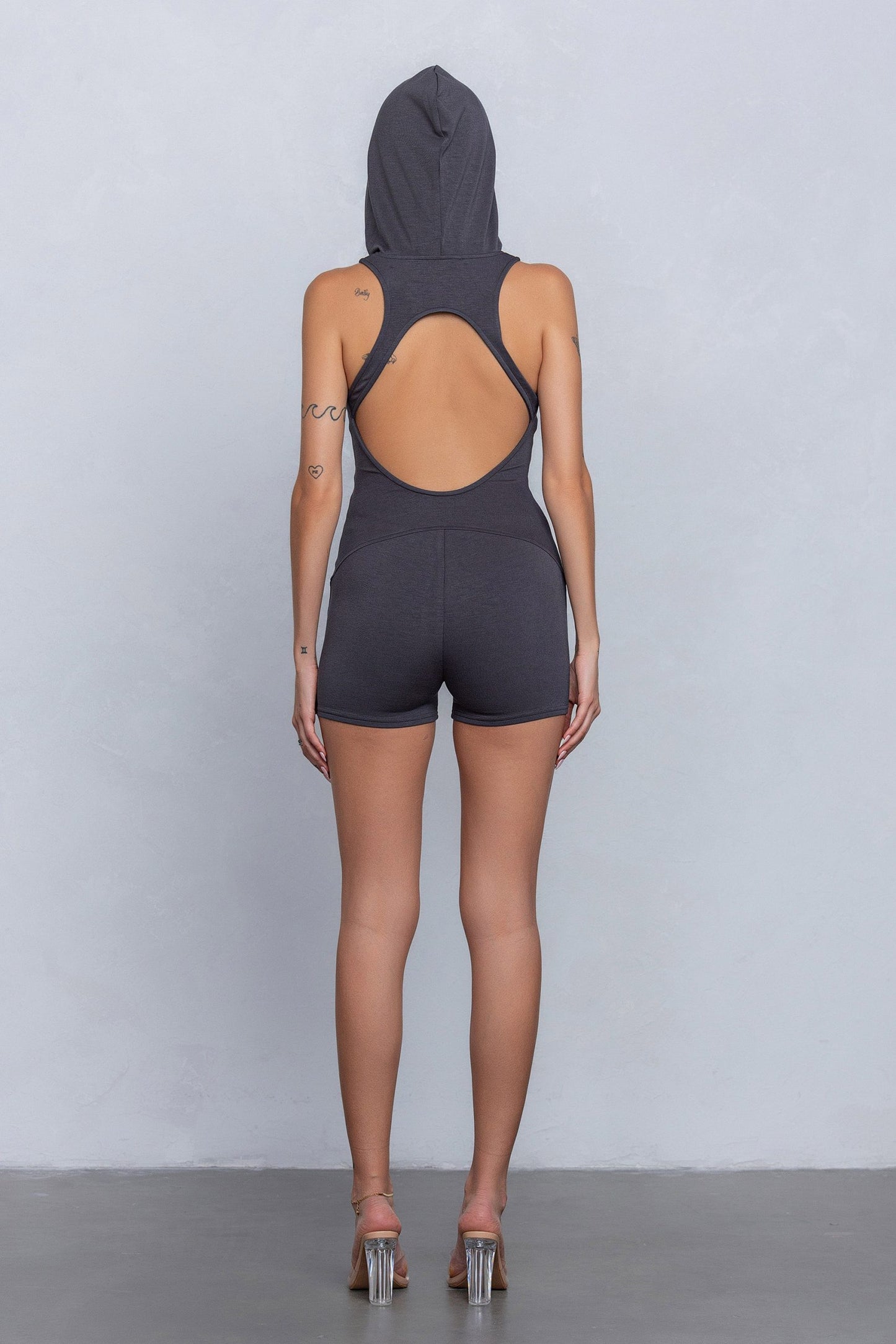 Soft & Lightweight Hooded Romper W/ Back Cut Out - Charcoal