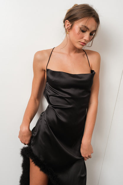 His Muse Silk Dress With Fur Slit Detail