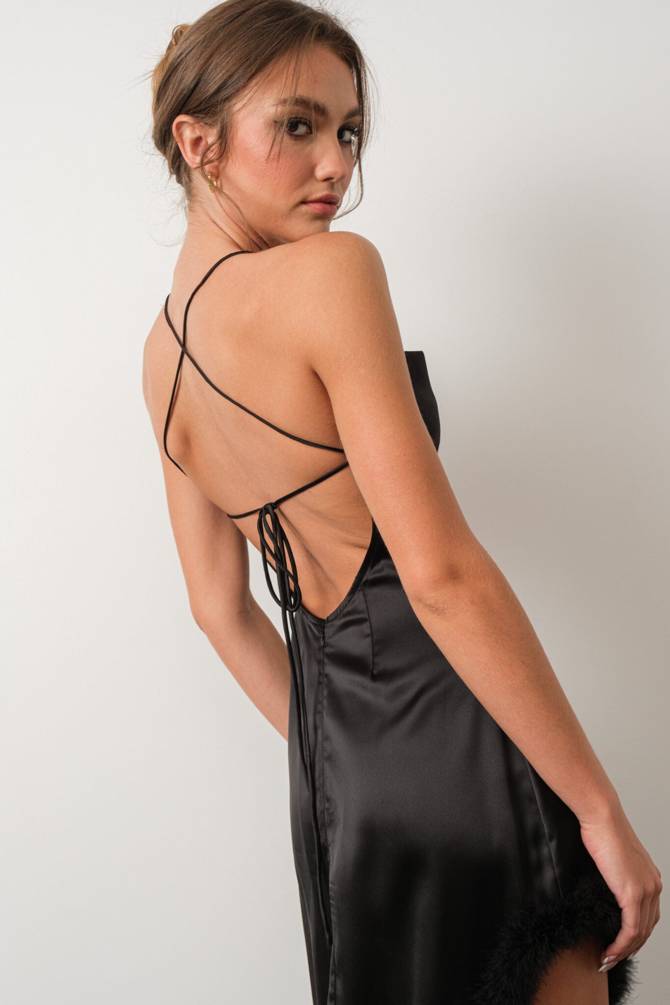 His Muse Silk Dress With Fur Slit Detail