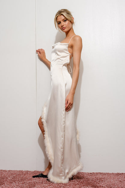 His Muse Silk Dress With Fur Slit Detail