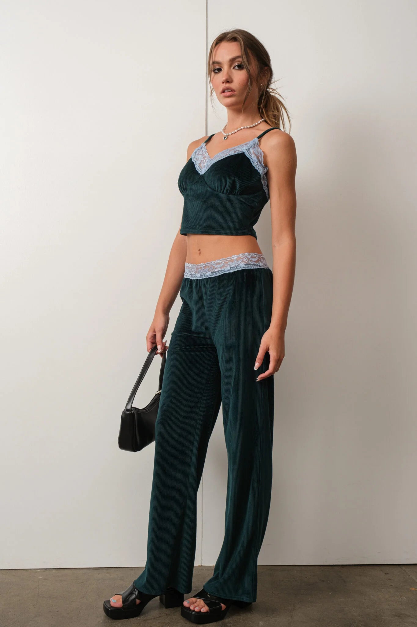 On Trend Corduroy Pants With Blue Lace Detail