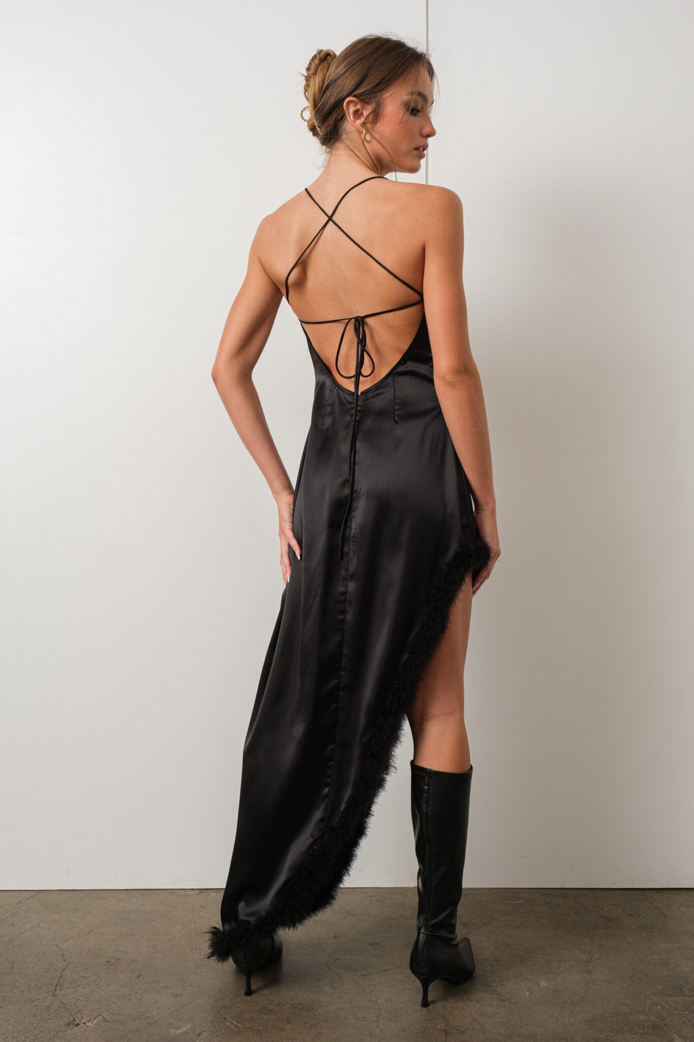 His Muse Silk Dress With Fur Slit Detail
