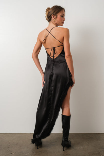 His Muse Silk Dress With Fur Slit Detail