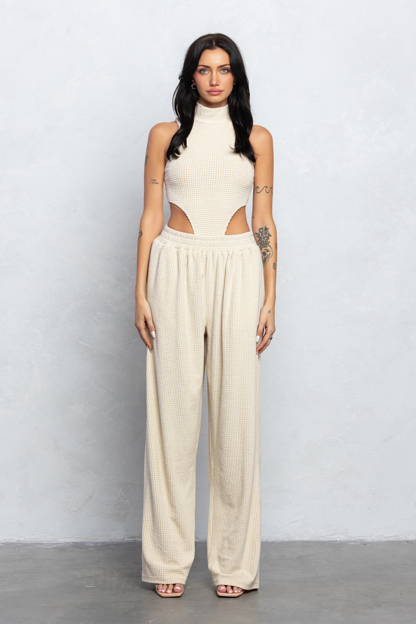 Soft Waffle Mock Neck Bodysuit And Wide Pants Set - Eggshell