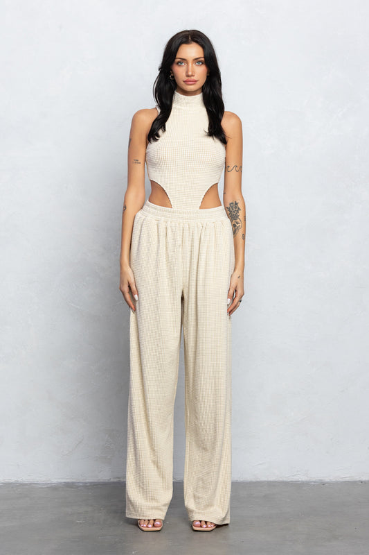 Soft Waffle Mock Neck Bodysuit And Wide Pants Set - Eggshell