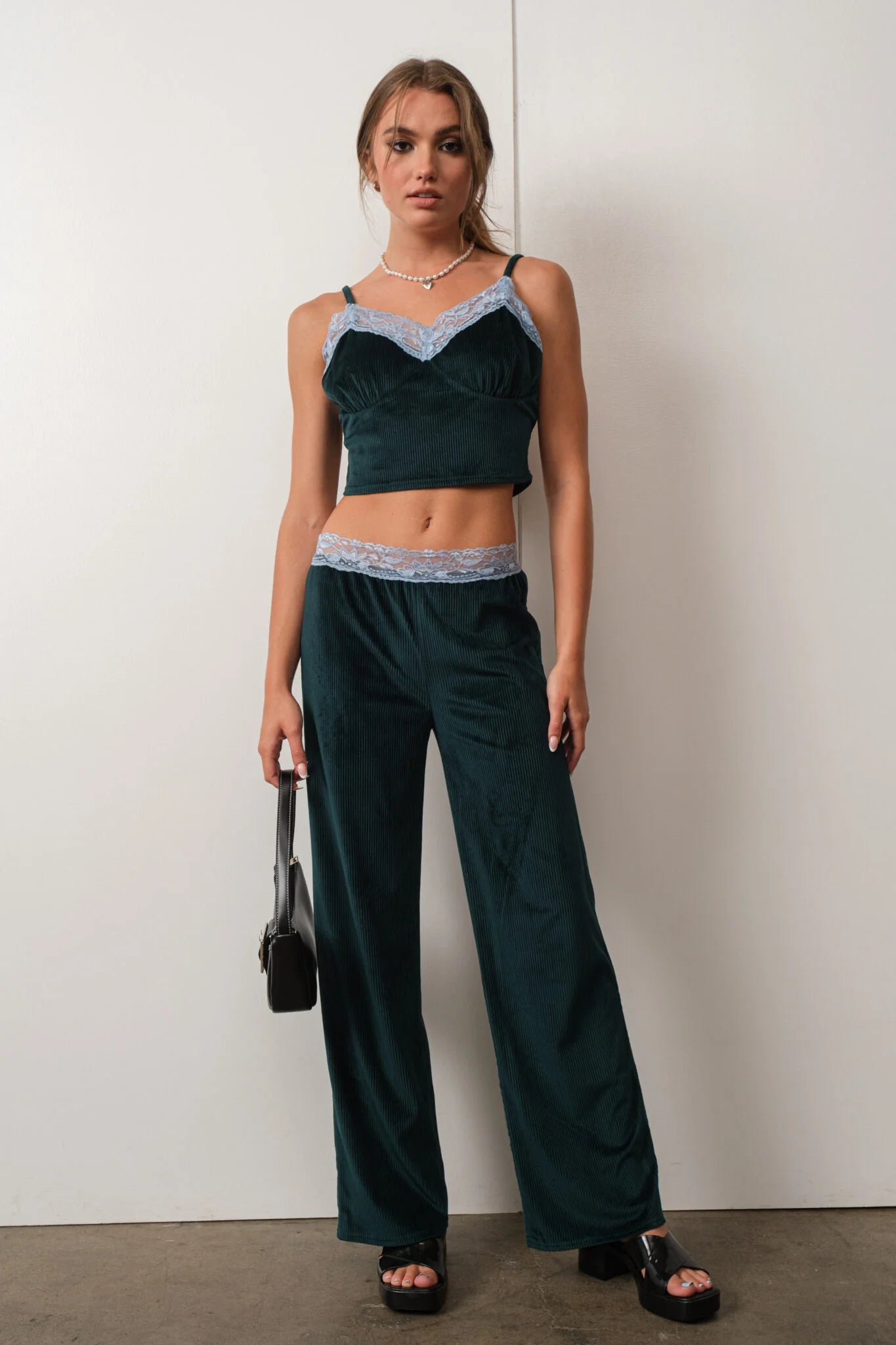 On Trend Corduroy Pants With Blue Lace Detail