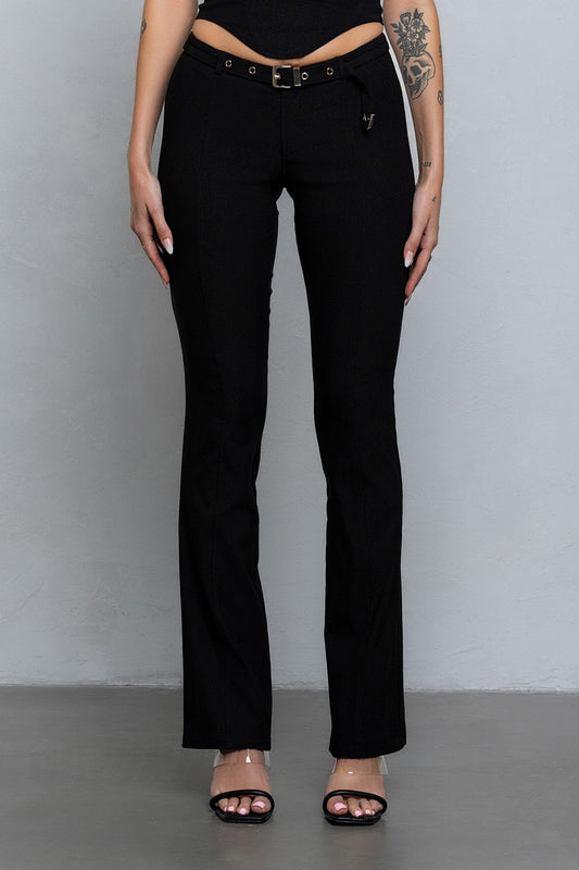 Buckle Strap Detail Stretchy Woven Pants- Black