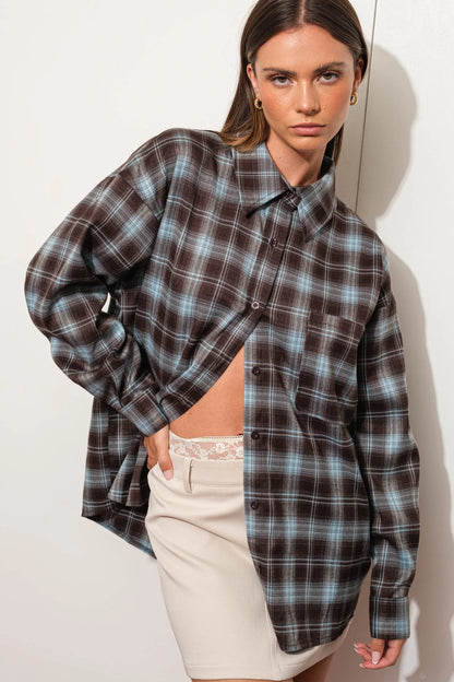 Brown and Blue Long Sleeve Flannel