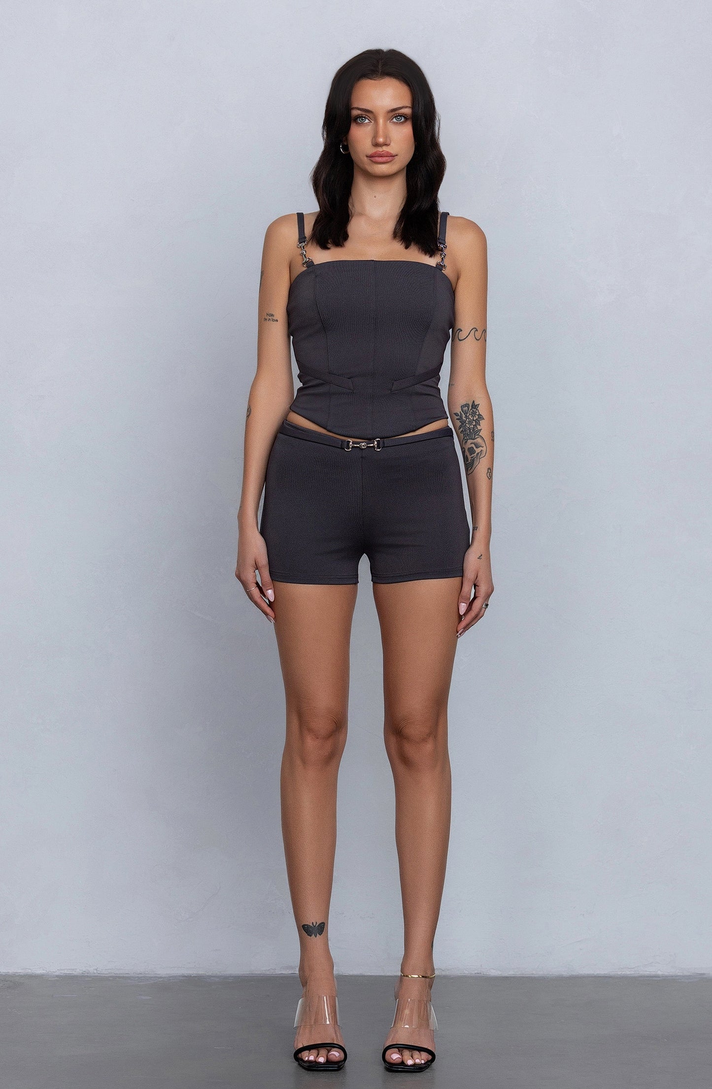 Buckle Accent Top & Shorts Set - Charcoal