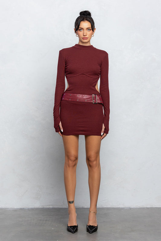 Mock Neck & Belted Open Back Mini Knit Dress - Burgundy