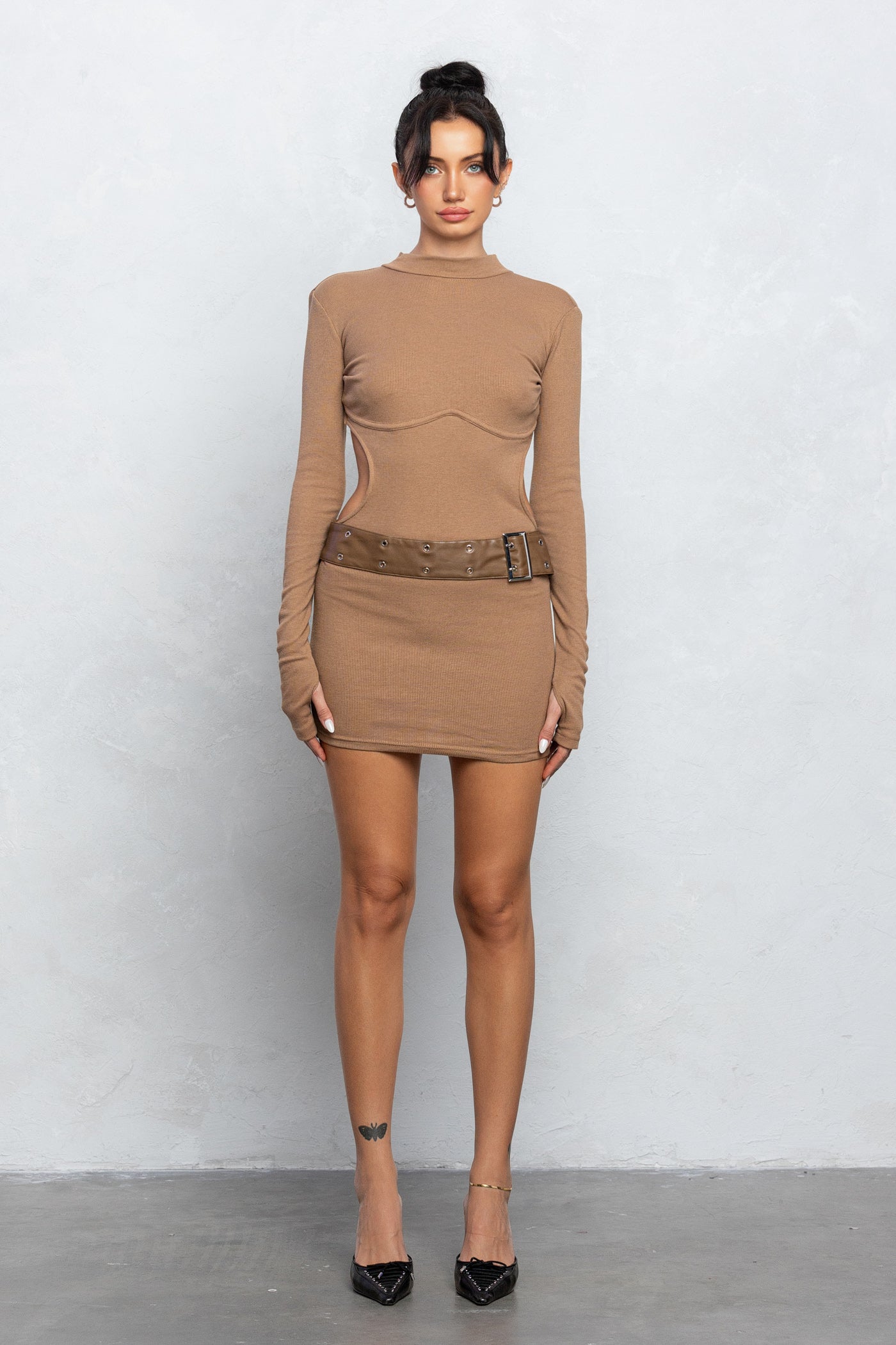 Mock Neck & Belted Open Back Mini Knit Dress- Mocha