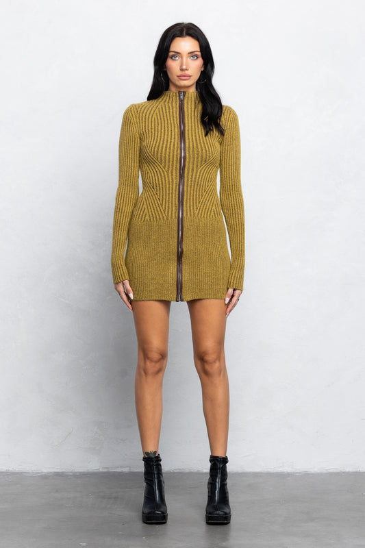 Ribbed Long Sleeve Zip-up Knit Dress- Moss