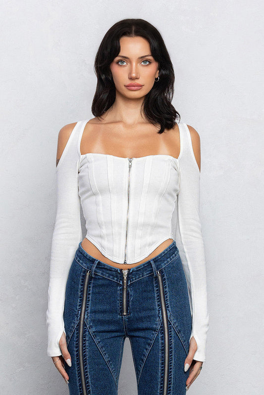 Ribbed Square Neck Shoulder Cut Out Bustier Top - White