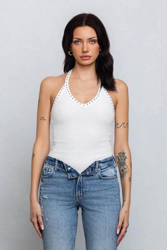 Studded V-neck Ribbed Tank Top - White