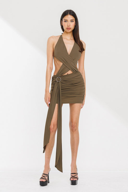 Cross Halter Neck Jersey Mini Dress - Olive