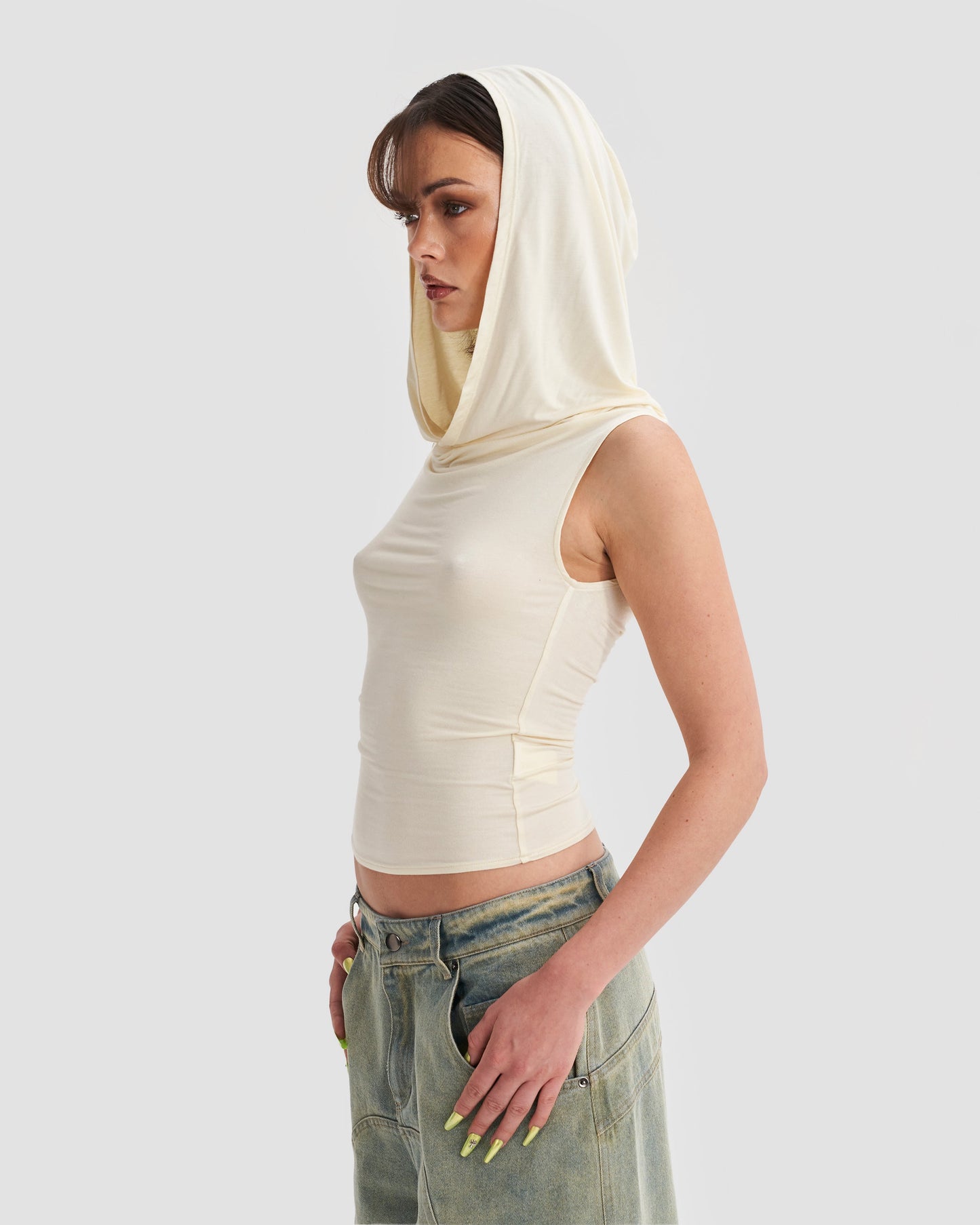 Hooded Cowl Neck Tank Top - Cream